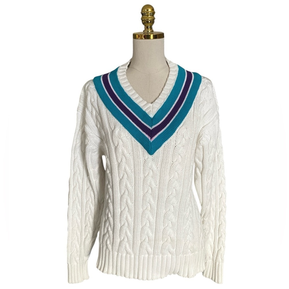 Embassy Row Vintage 90s Women V-Neck Cable Knit Long Sleeve Sweater Size Medium